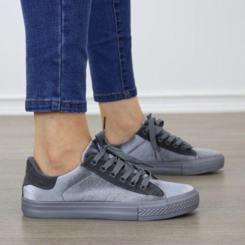 Gray Velvet Low Top Fashion Sneakers - Picture 5 of 8